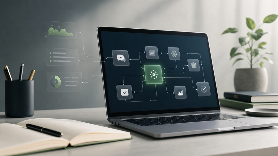 Laptop with an abstract AI workflow interface and planning notes