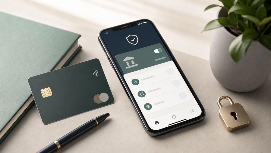 Secure banking card and mobile finance app on a clean desk
