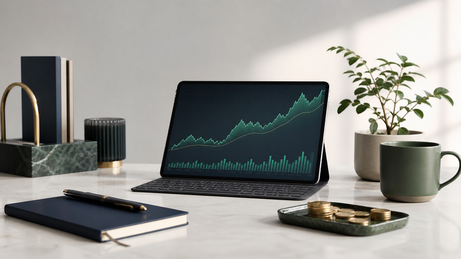 Modern investing dashboard with subtle charts and planning notes