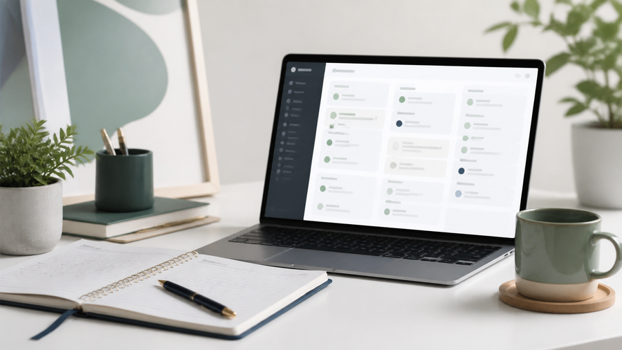 Focused workspace with a planner and digital productivity dashboard
