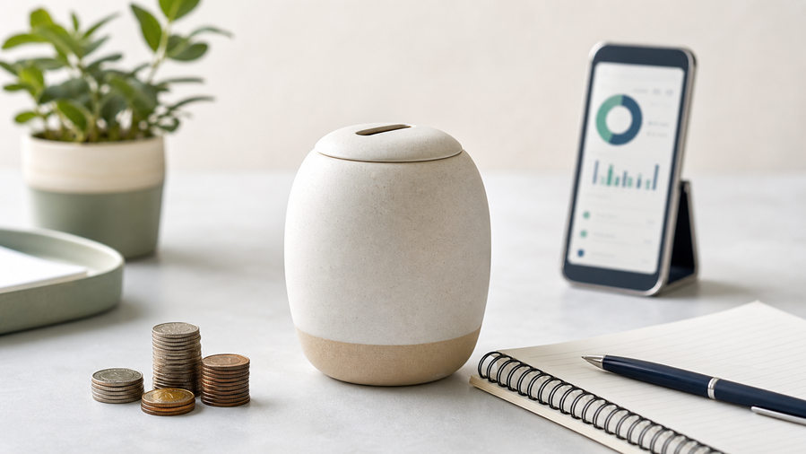 Savings jar with coins and a simple budgeting notebook
