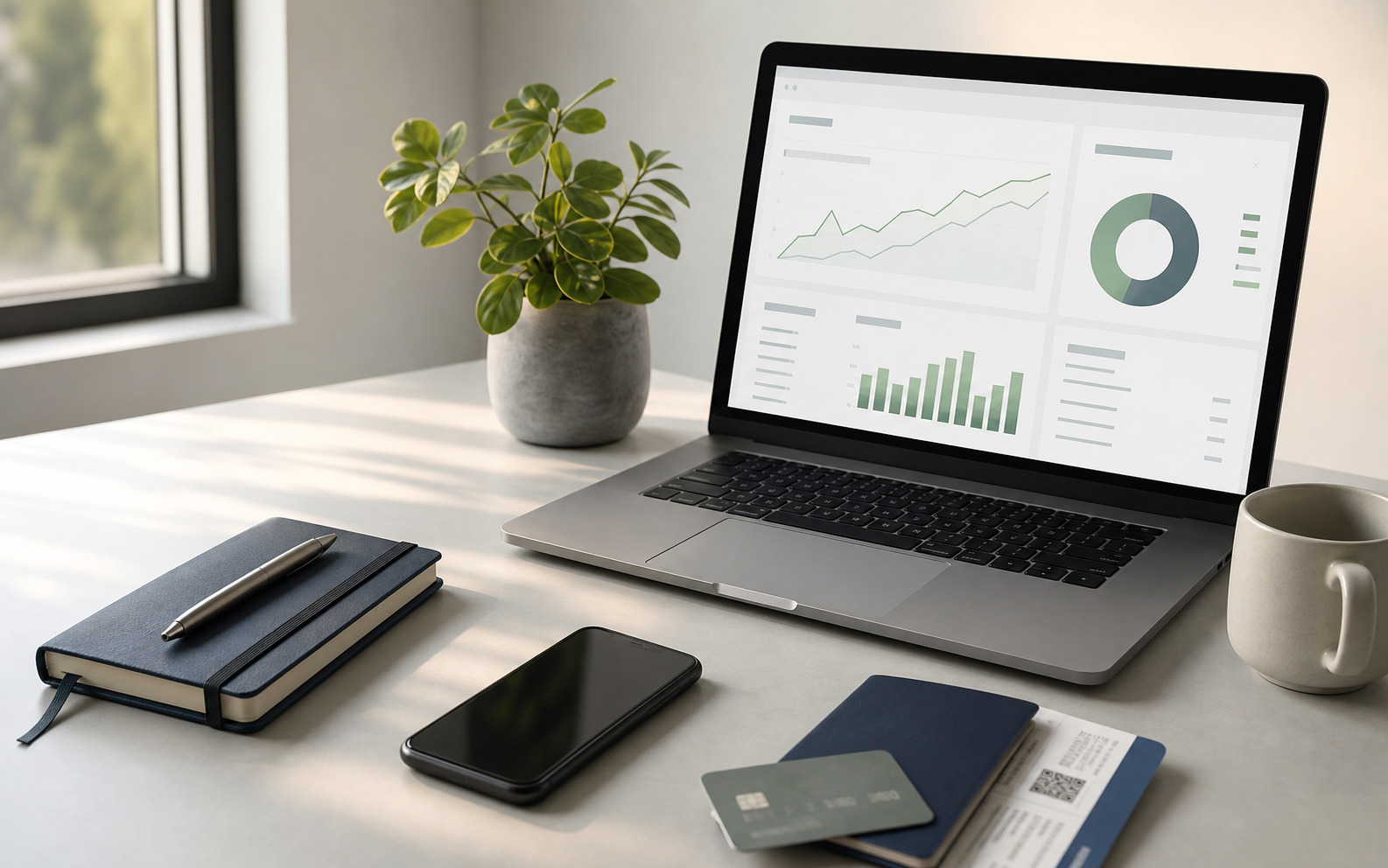 Minimal desk with finance tools, travel notes, and online money resources